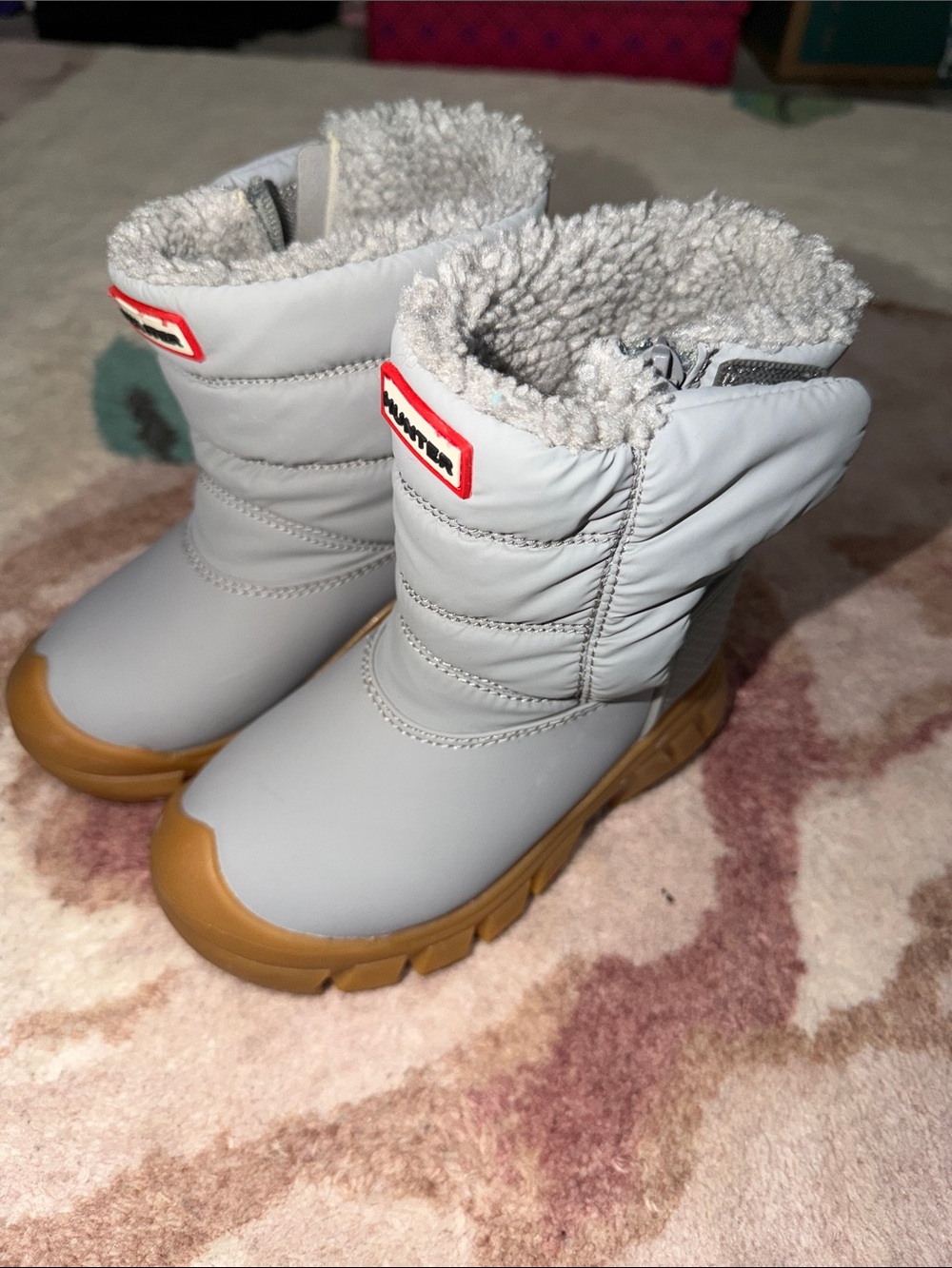 Hunter Kids Light Gray Winter Boots with Brown Sole